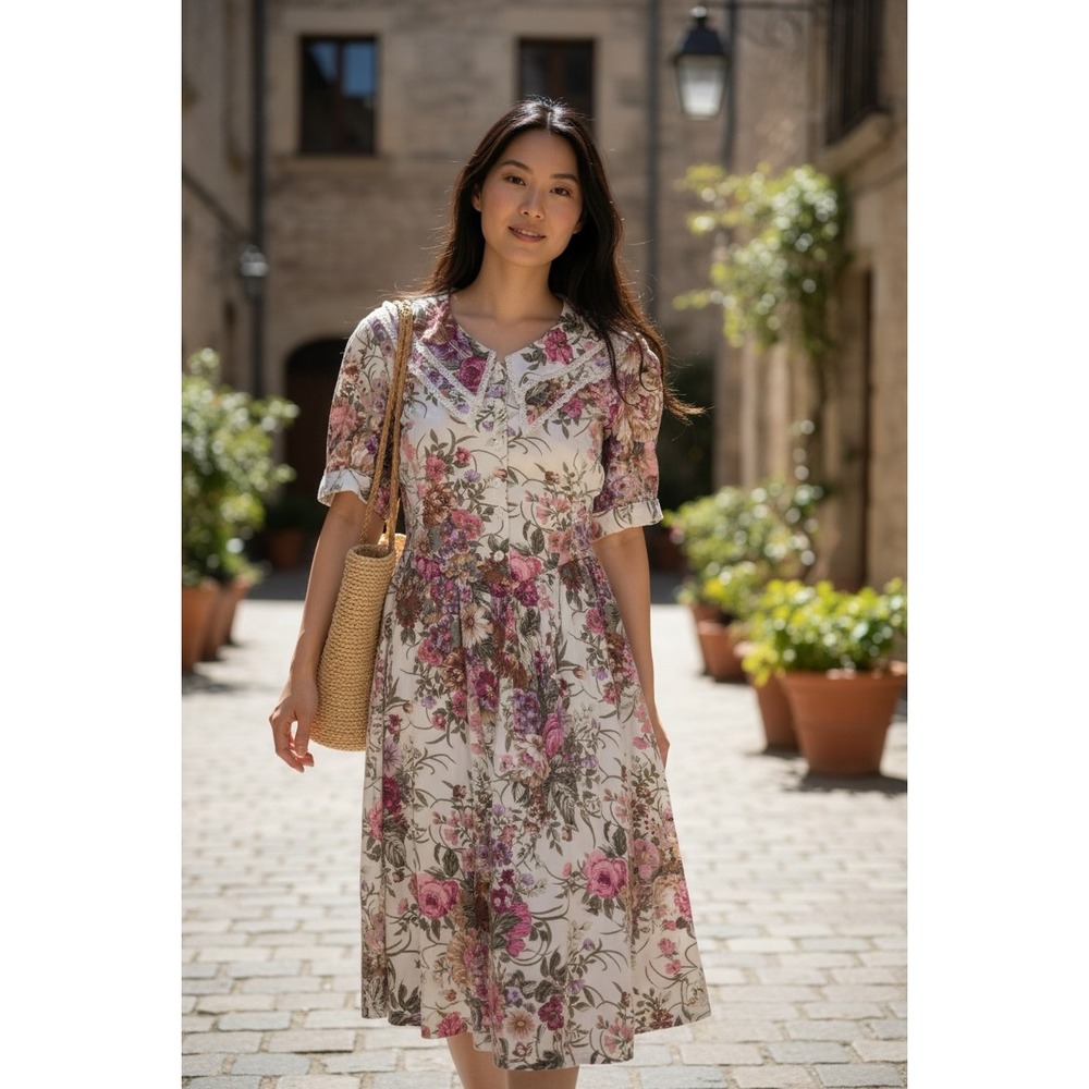 Glenfrey Fashions Vintage Floral Midi Dress Lace Sailor Collar Puff Sleeve Pink